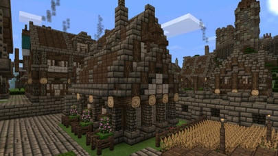 A Minecraft town with old style buildings