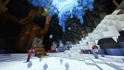 Underground ice cavern with snow falling through and characters standing around