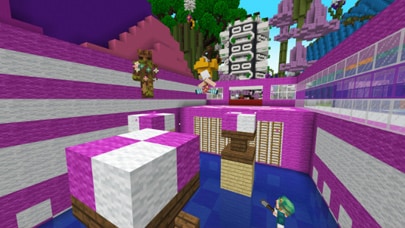 A Minecraft min game featuring platforms over water that characters are jumping to