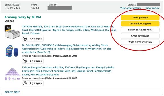 Amazon order tracking and updating page, where customers can also submit returns, write product reviews, and more.