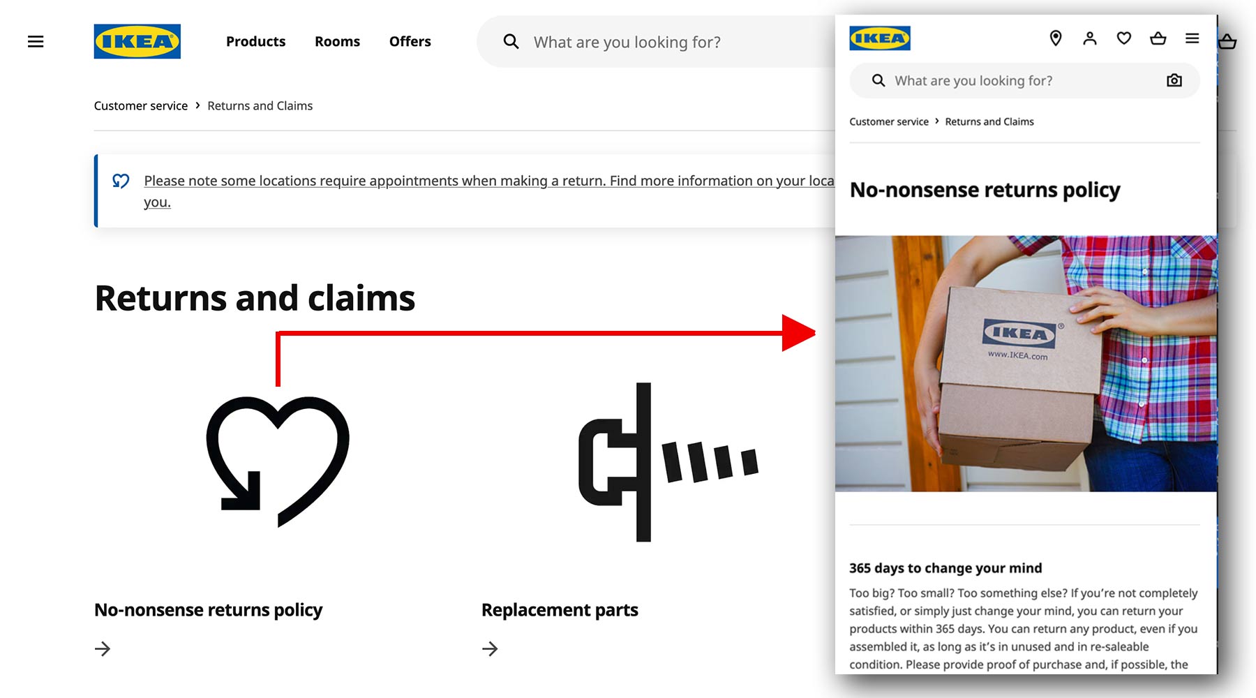 IKEA's easy to understand returns and exchanges page