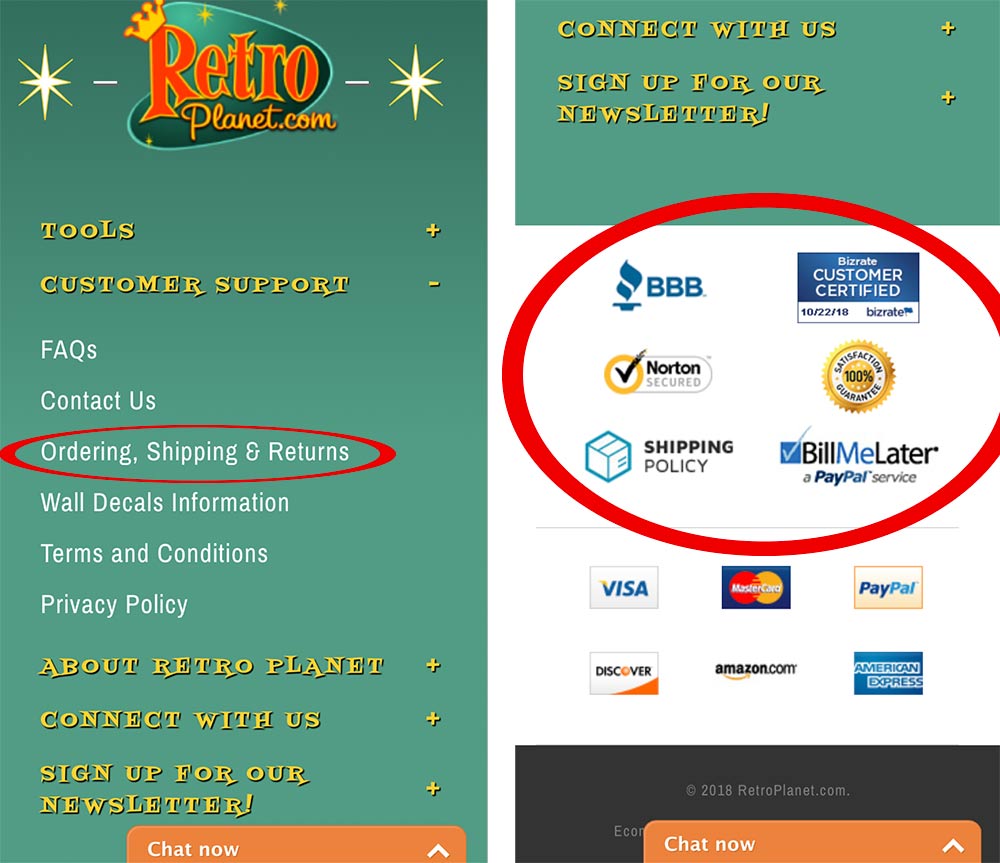 Instill trust by displaying icons and affiliations and providing direct links to customer service. <em>Image: RetroPlanet.com.</em>