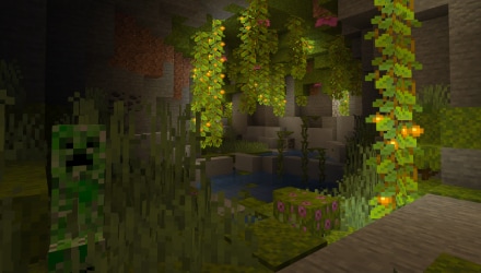 Lush cave in minecraft with creeper