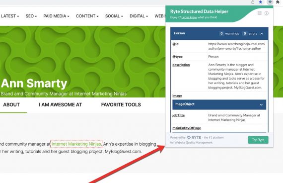 Screenshot of Ryte Structured Data Helper in top right of Chrome browser