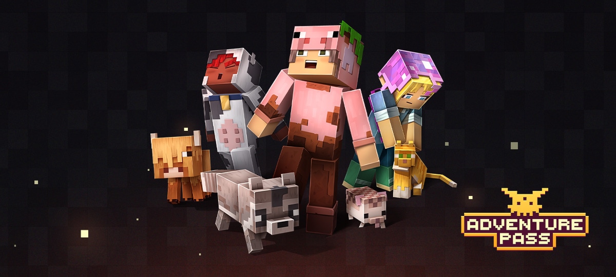 Minecraft characters along with their pets in the Adventure Pass