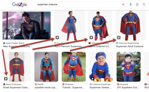 Screenshot of "superman costume" search results