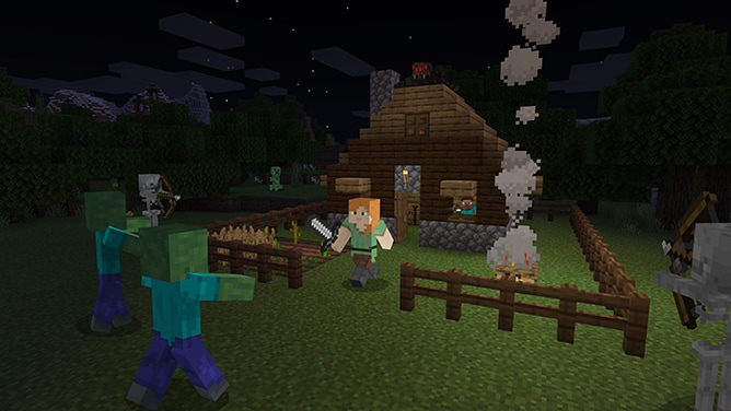Alex and Steve defending their house against mobs at night
