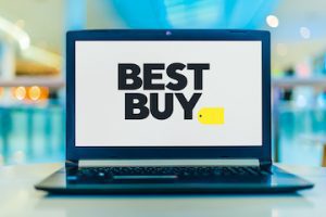 Photo of Best Buy logo on a laptop screen