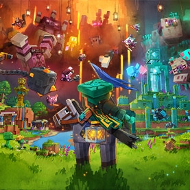 Minecraft Legends launch art, featuring the three piglin hordes looming over the Overworld and its inhabitants. The hero faces the piglins as they rally their allies into battle.