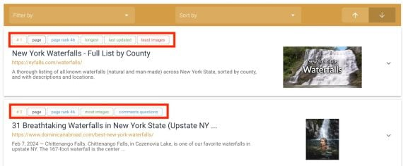 Screenshot of example Thruu SERP export for "ny waterfall" keyword