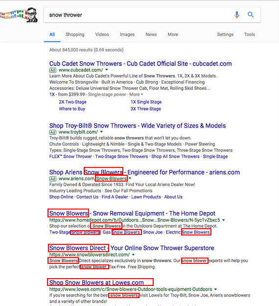 The top organic results for the phrase "snow thrower" were sites that actually used the term "snow blower." This may be an indication that consumers use a different term than do manufacturers. Some retailers, such as Home Depot and Lowe's, have figured this out.