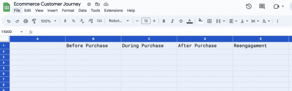 Screenshot of an spreadsheet showing the four regions: Before Purchase, During Purchase, After Purchase, and Reegagement.