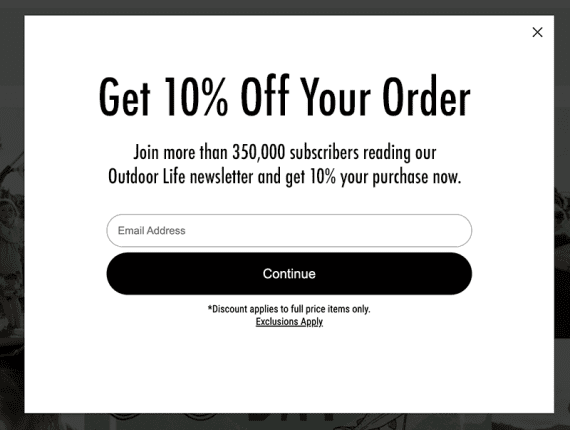 Screenshot of a pop-up reading "Gret 10% Off Your Order."