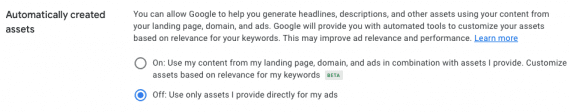 Screenshot of Google Ads interface showing option to enable automatically created assets.