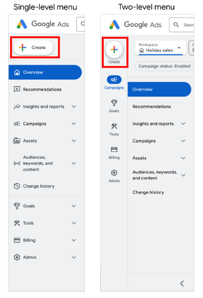 Screenshot of singe-level and two-level menus in Google Ads interface.