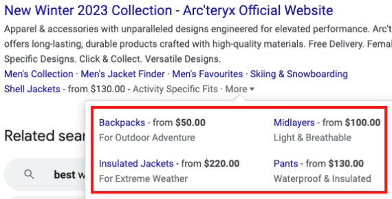 Screenshot of price assets appearing below an ad for Arc-teryx, an apparel merchant.