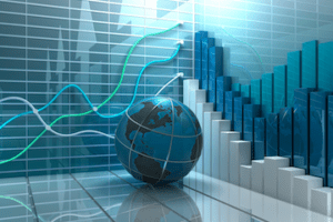 Illustration of a globe with finance charts in the background