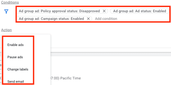 Screenshot of Google Ads screen for the automated rule