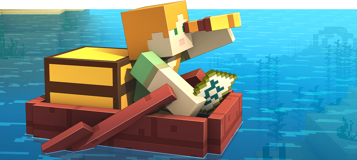 Minecraft character rowing in boat and looking for supplies or adventure gear.
