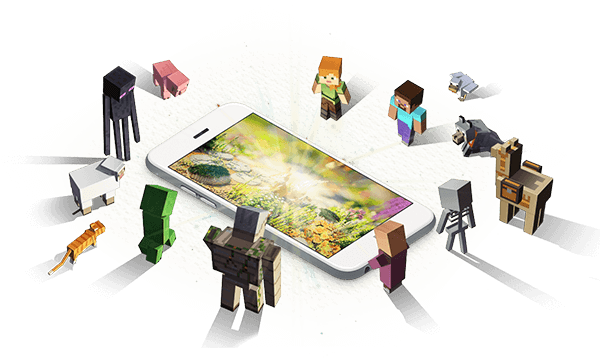 Várias personagens do Minecraft olhando para um telefone brilhante