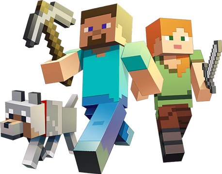 3 Minecraft characters - a dog, Steve with a pickaxe and Alex with a sword