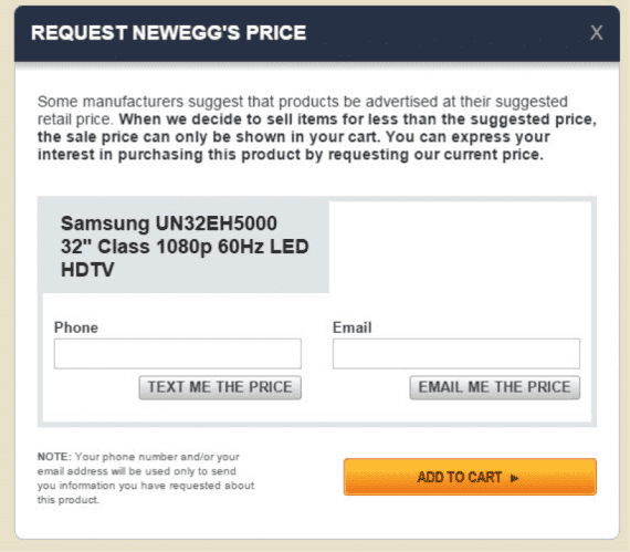 Most shoppers don’t want to provide information unless they are in the checkout process. They certainly don’t want to enter data just to find out how much something costs. Source: Newegg.<