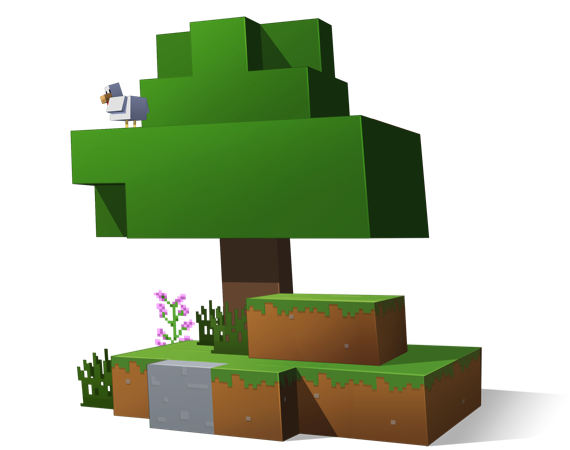 Árvore do Minecraft com uma galinha nela