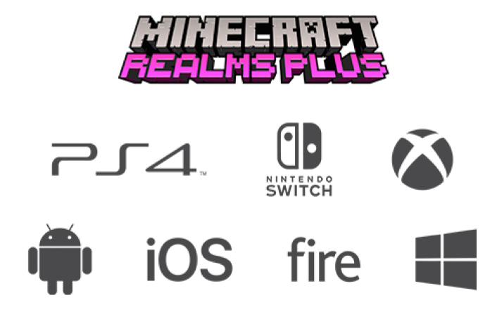 Device logos supporting Minecraft Realms Plus - PS4, Switch, Xbox, Android, iOS, Amazon Fire and Windows