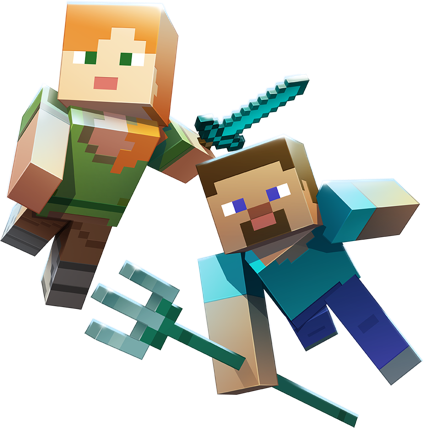 Alex and Steve with sword and trident